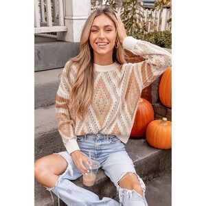 Diamond Pattern Knit Sweater Pullover Crewneck‎ Fall Toned Cozy